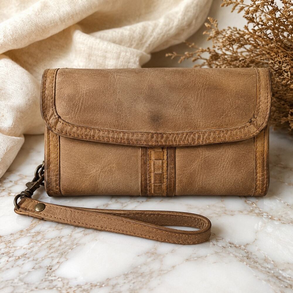 Free People Distressed Tan Leather Wristlet Wallet Boho Rustic Organizer Clutch
